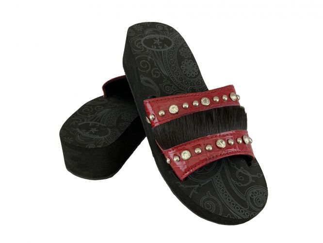 P&G Western Bling Wedge Flip Flops with Red Gator and Black Cowhair Inlay with Rhinestones and silver beading